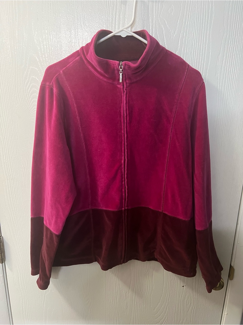 Rafaella Two-Tone Velvet Zip Jacket in Fuchsia and Burgundy